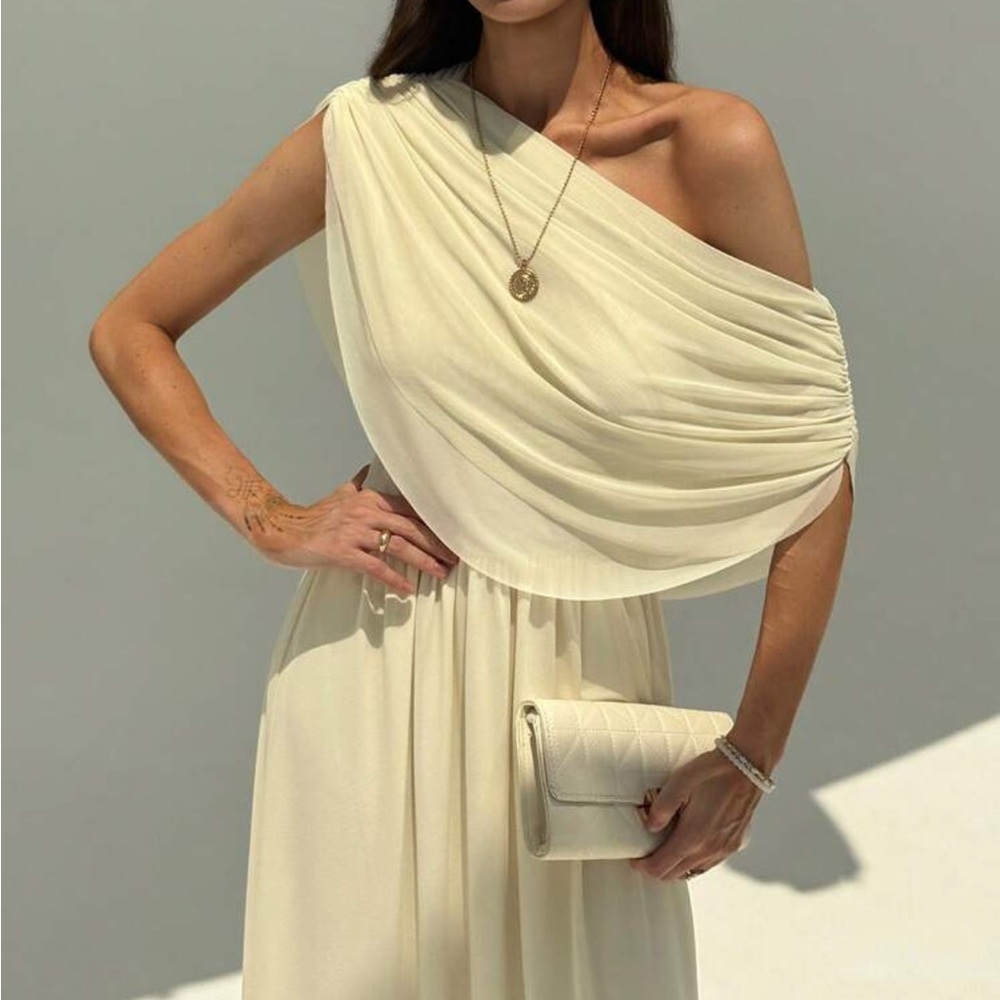Cream butter yellow mesh ruched asymmetrical draped semi formal maxi dress - Picture 6 of 7
